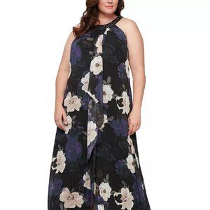 SL FASHIONS Halter Floral-Print Dress Black Multi Plus Size 16W